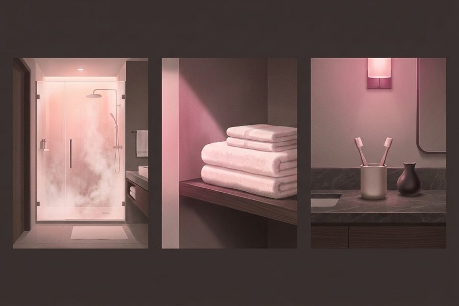 A clean hotel bathroom with steam on the glass and folded towels