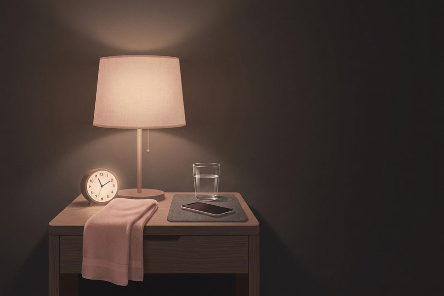 A bedside table with a small clock showing a late hour