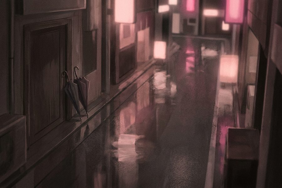 A quiet Kabukicho side street at night, wet asphalt reflecting neon