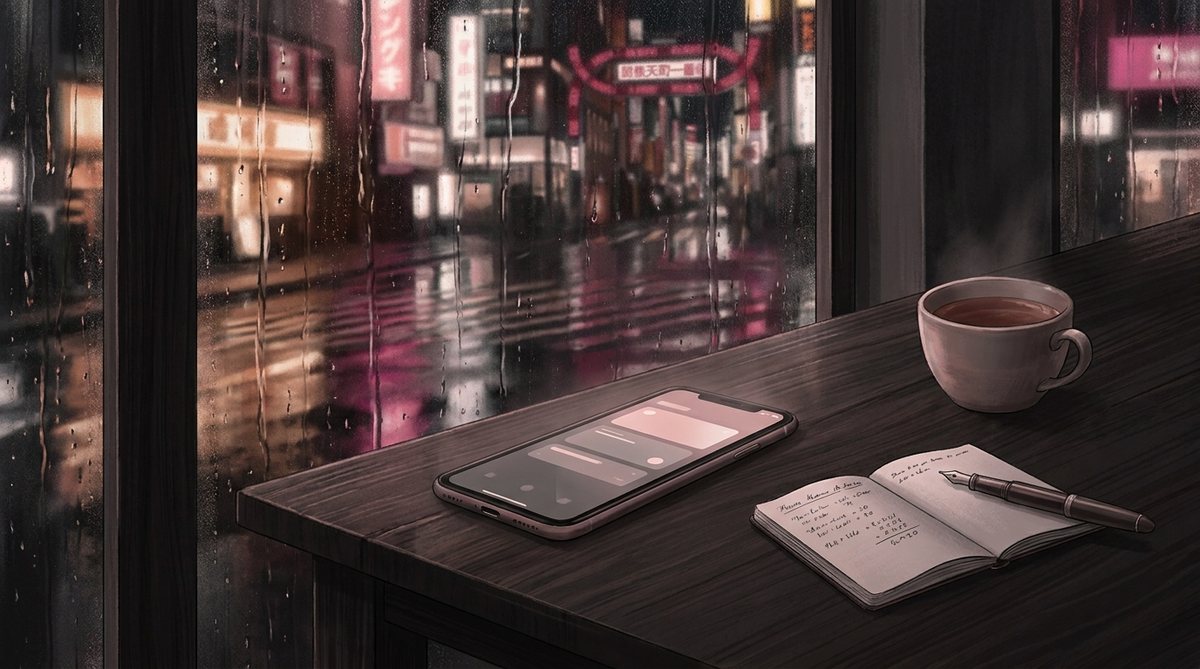 Working out the true cost of a Tokyo GFE booking — a notebook of figures and a phone by a rain-lit Shinjuku window