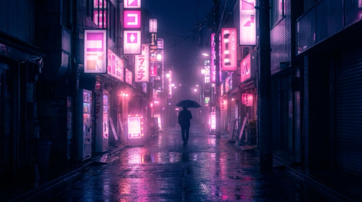 Neon-lit Kabukicho alley at night in the rain